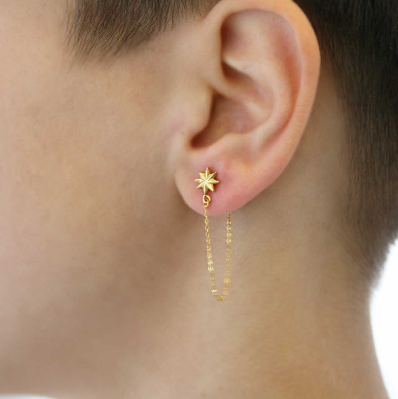 Button Star Stud With Chain Earring